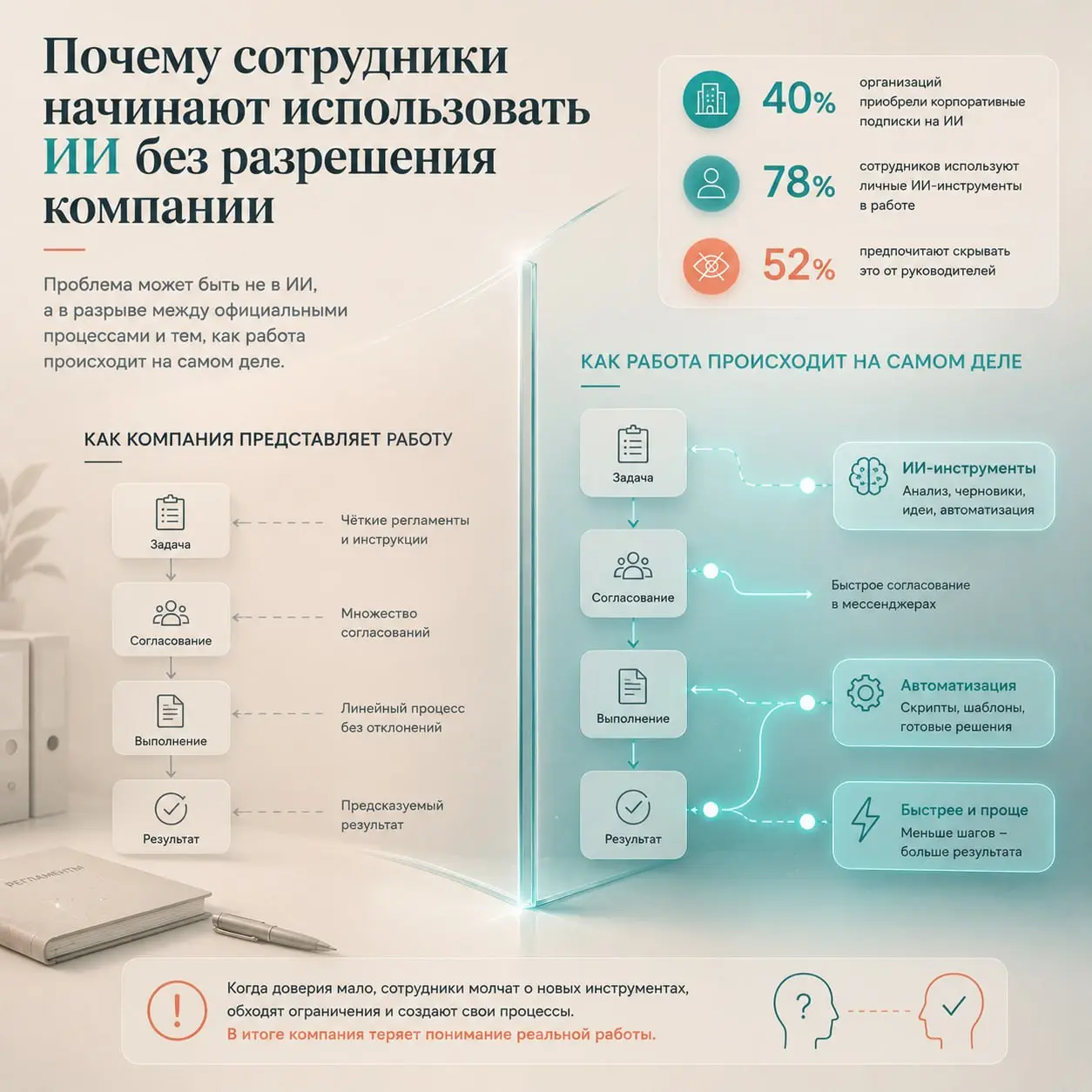 Почему сотрудники начинают использовать ИИ без разрешения компании
Когда компании обсуждают использование искусственного интеллекта, разговор обычно сводится к выбору инструментов, регламентам и вопро... | Сетка — социальная сеть от hh.ru