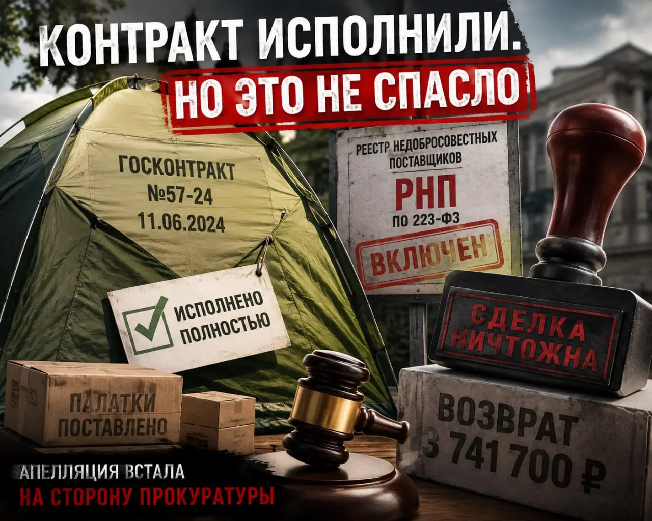 РНП по 223-ФЗ не помешает контракту по 44-ФЗ? Апелляция решила иначе
ГБУ РЦ «Лето» закупало палатки по 44-ФЗ для программы «Регион для молодых». Контракт с ООО «Тент-Опт» заключили на 3,74 млн руб | Сетка — социальная сеть от hh.ru