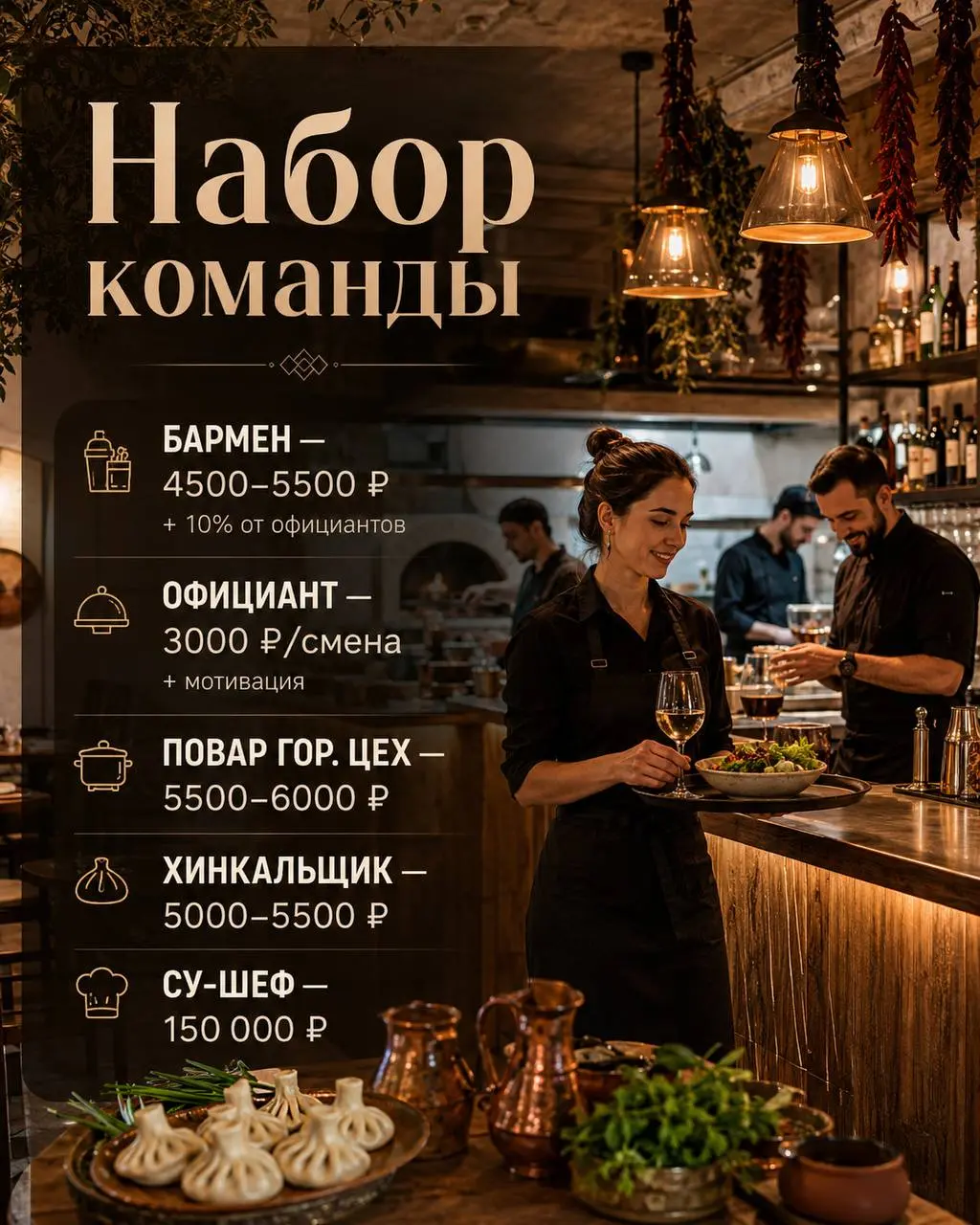 1️⃣БАРМЕН,
2️⃣ОФИЦИАНТ,
3️⃣ПОВАР ГОРЯЧЕГО ЦЕХА,
4️⃣ХИНКАЛЬЩИК,
5️⃣СУ-ШЕФ
От 150 000₽
Чакапули
• Москва, м | Сетка — социальная сеть от hh.ru