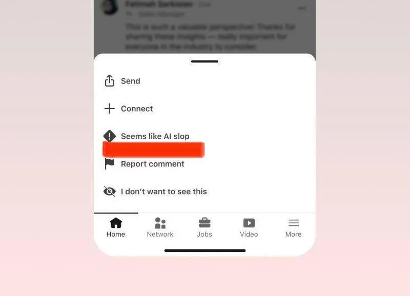 Ну, значит, мне не показалось
Только недавно говорила, что заходила в LinkedIn, спотыкалась о нейрослоп и выходила, и так несколько раз | Сетка — социальная сеть от hh.ru