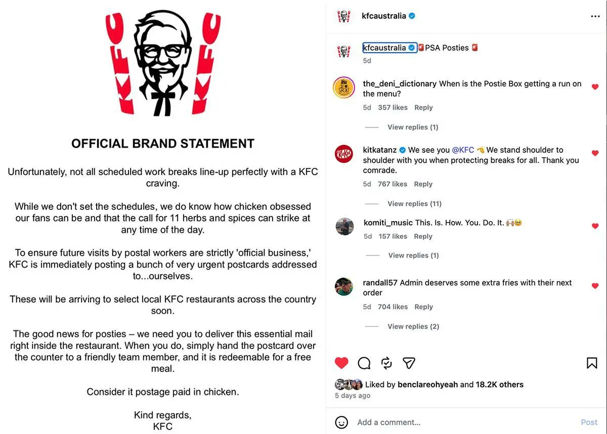 зачем KFC шлет открытки самому себе?
срочное включение, нашла очень добрую рекламную кампанию!
недавно австралийская почта уволила курьера с 36-летним стажем
причина — во время смены он заехал на рабо... | Сетка — социальная сеть от hh.ru