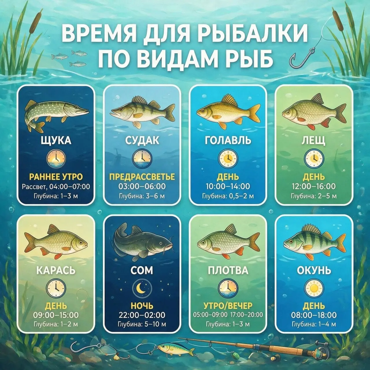В какое время лучше ехать на рыбалку? Инфографика по видам рыб.
P.S. На самом деле лучший ответ на этот вопрос — в любое время, когда есть возможность и желание 😅 | Сетка — социальная сеть от hh.ru