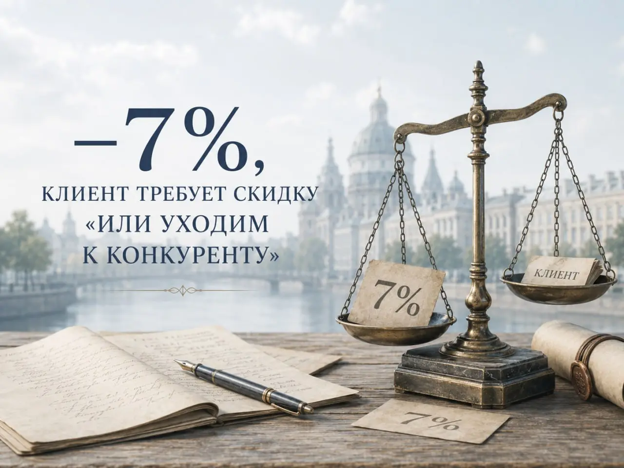 Клиент требует скидку 7% «или уходим к конкуренту»
Ситуация. Клиент из топ-10, даёт 6% вашей выручки. Маржа по нему 14% | Сетка — социальная сеть от hh.ru