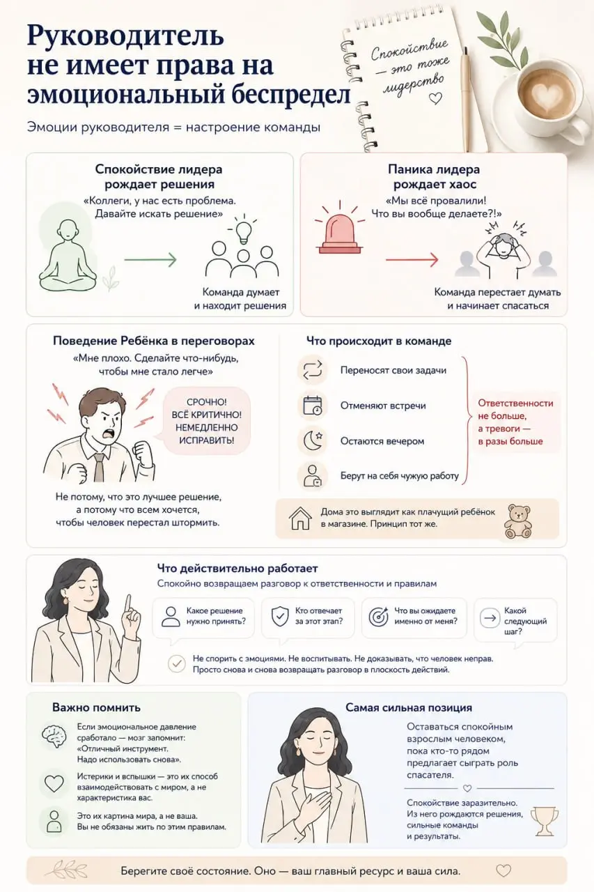 Есть вещь, о которой редко говорят на курсах по лидерству.
Руководитель не имеет права на эмоциональный беспредел.
Да, он может переживать, злиться, уставать, не соглашаться, сомневаться | Сетка — социальная сеть от hh.ru