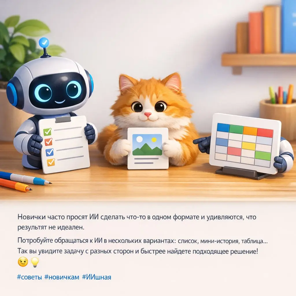 Один запрос полезно примерить по-разному 👕.
Типичная ошибка новичка — попросить ИИ «напиши про продукт» и сразу выбрать первый ответ, как кота из коробки: милый, но не факт, что ваш | Сетка — социальная сеть от hh.ru