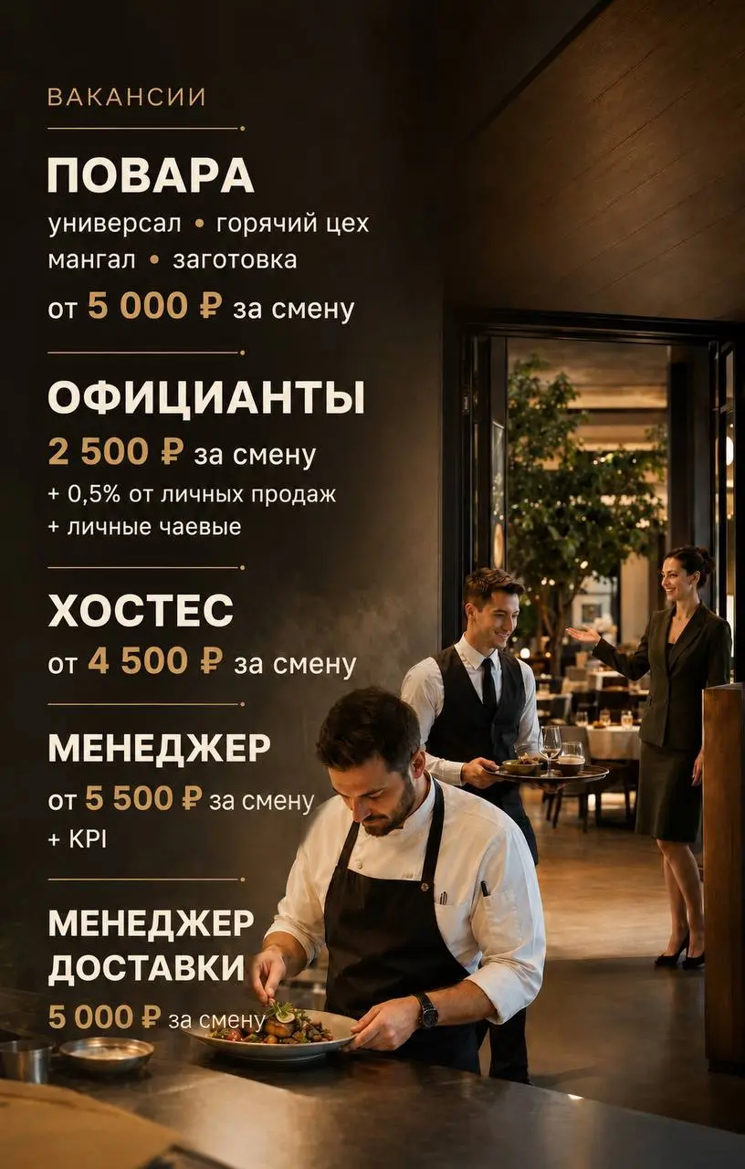 1️⃣ПОВАР-УНИВЕРСАЛ,
2️⃣ПОВАР ГОРЯЧЕГО ЦЕХА,
3️⃣ПОВАР-МАНГАЛЬЩИК,
4️⃣ПОВАР-ЗАГОТОВЩИК,
5️⃣ОФИЦИАНТ,
6️⃣ХОСТЕС
7️⃣МЕНЕДЖЕР ДОСТАВКИ
8️⃣МЕНЕДЖЕР РЕСТОРАНА/ЗАЛА
СЫРОВАРНЯ
• Москва, м | Сетка — социальная сеть от hh.ru