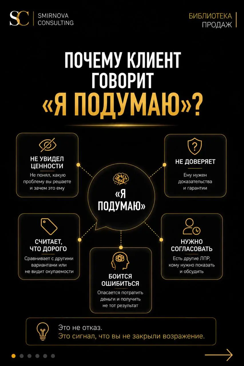 «Я подумаю» - это не возражение.
Это вежливый способ клиента сказать:
«Вы меня пока не убедили» | Сетка — социальная сеть от hh.ru