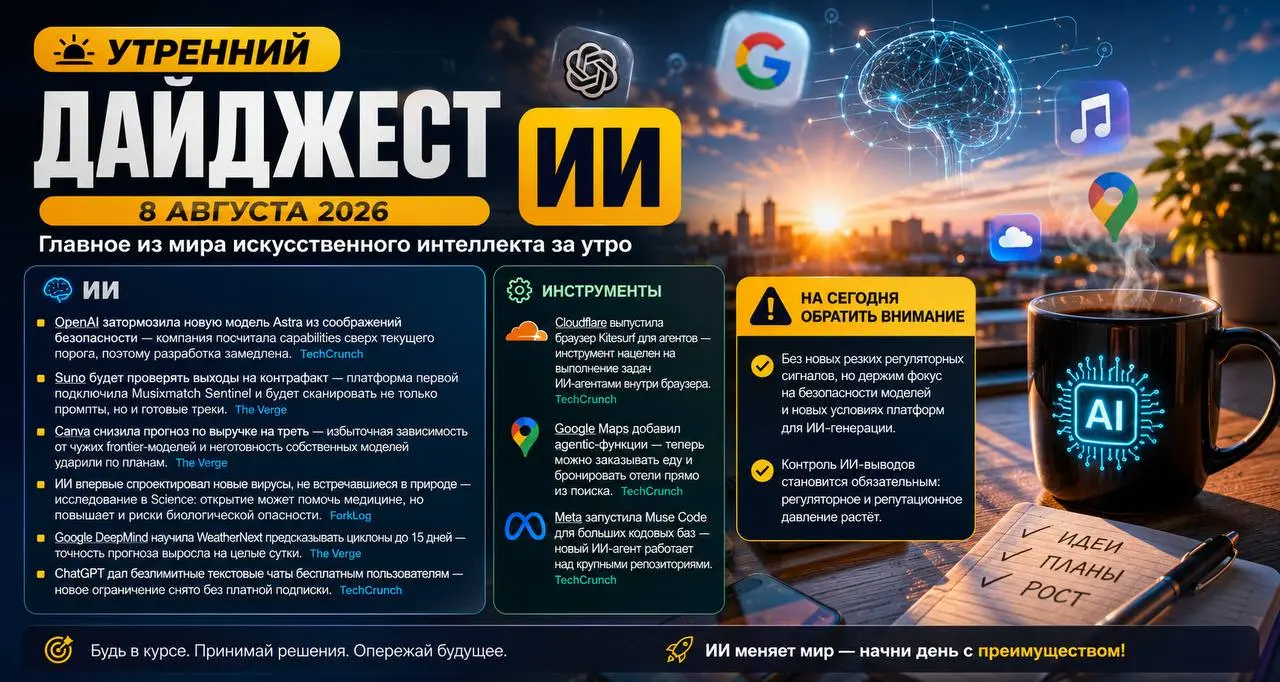 🌅 УТРЕННИЙ ДАЙДЖЕСТ ИИ
8 АВГУСТА 2026
Главное из мира искусственного интеллекта за утро
ИИ
▪️ OpenAI затормозила Astra из соображений безопасности — capabilities посчитали сверх порога, разработка зам... | Сетка — социальная сеть от hh.ru