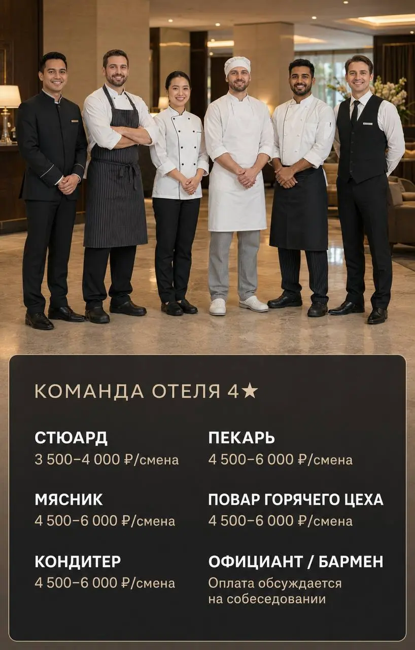 1️⃣СТЮАРД,
2️⃣МЯСНИК,
3️⃣КОНДИТЕР,
4️⃣ПЕКАРЬ,
5️⃣ПОВАР ГОРЯЧЕГО ЦЕХА,
6️⃣ОФИЦИАНТ,
7️⃣БАРМЕН
Отель 4⭐
• Москва, м | Сетка — социальная сеть от hh.ru