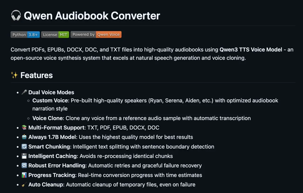 🎧 ЧИТАТЬ ГЛАЗАМИ — ЭТО ДЛЯ БУМЕРОВ
Разрабы выкатили Qwen3-Audiobook-Converter, который превращает любую текстовую простыню в профессиональную аудиокнигу за пару кликов 🎧 | Сетка — социальная сеть от hh.ru