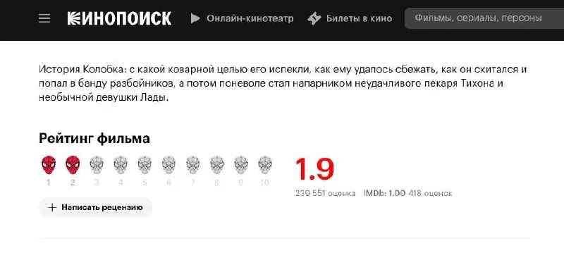 📈У Кинопоиска все хорошо с самоиронией. Рейтинг «Колобка» на сайте сделан в виде голов человека-паука) 🕸
https://www.kinopoisk.ru/film/8484833/?socialAlias=MTQ0NDY4NTg= | Сетка — социальная сеть от hh.ru