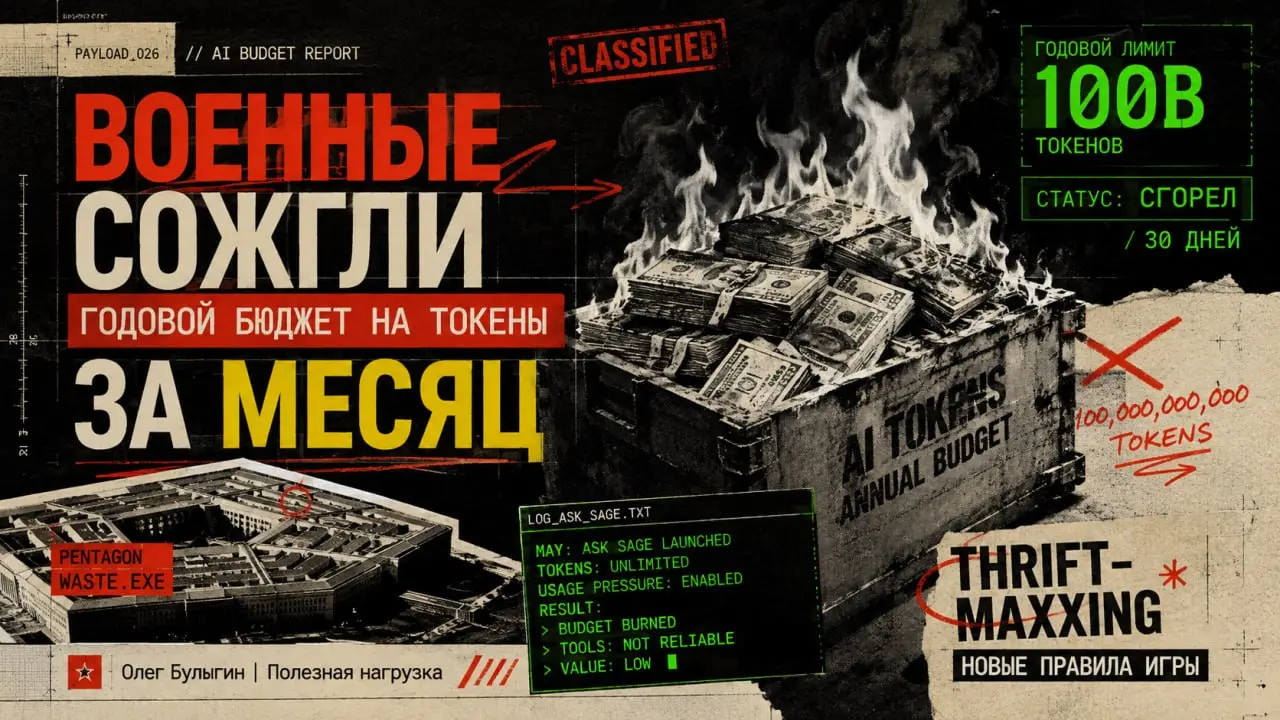 Военные сожгли годовой бюджет на токены за месяц: добро пожаловать в эпоху Thrift-maxxing 🪖💸
Дичь с токенмаксингом появилась быстро и, видимо, исчезнет быстро | Сетка — социальная сеть от hh.ru