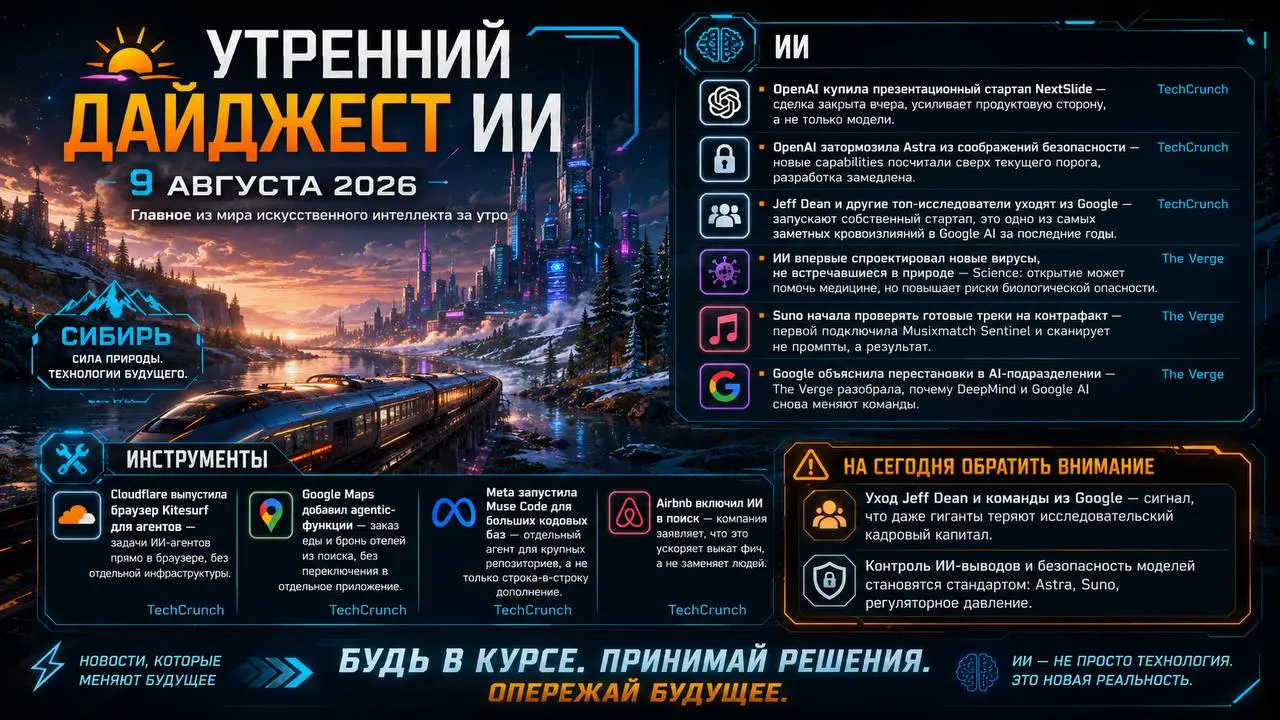 🌅 УТРЕННИЙ ДАЙДЖЕСТ ИИ
9 АВГУСТА 2026
Главное из мира искусственного интеллекта за утро
ИИ
▪️ OpenAI купила презентационный стартап NextSlide — сделка закрыта вчера, усиливает продуктовую сторону, а н... | Сетка — социальная сеть от hh.ru