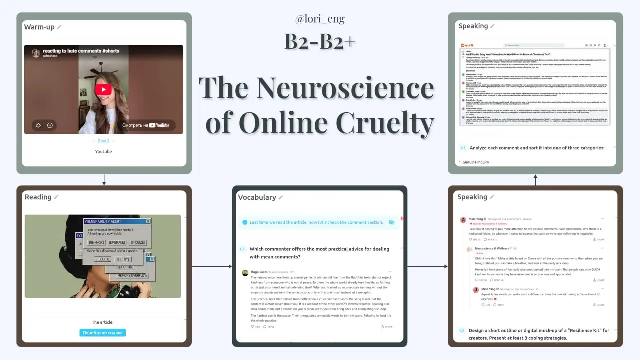 The Neuroscience of Online Cruelty 🧠
B2/B2+
Листаете ленту, в сотый раз видите бесконечный поток негативных комментариев под очередным постом и задаетесь вопросом "что происходит в головах этих людей?... | Сетка — социальная сеть от hh.ru