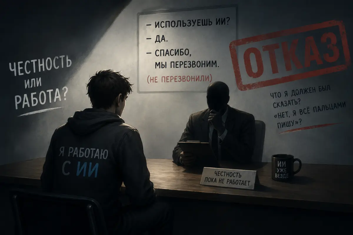 Опять отказ.
— Используешь ИИ?
— Да.
— Спасибо, мы перезвоним.
Не перезвонили.
И вот я думаю: что я должен был ответить?
«Нет, конечно. Всё пишу пальцами. ИИ даже не открывал» | Сетка — социальная сеть от hh.ru