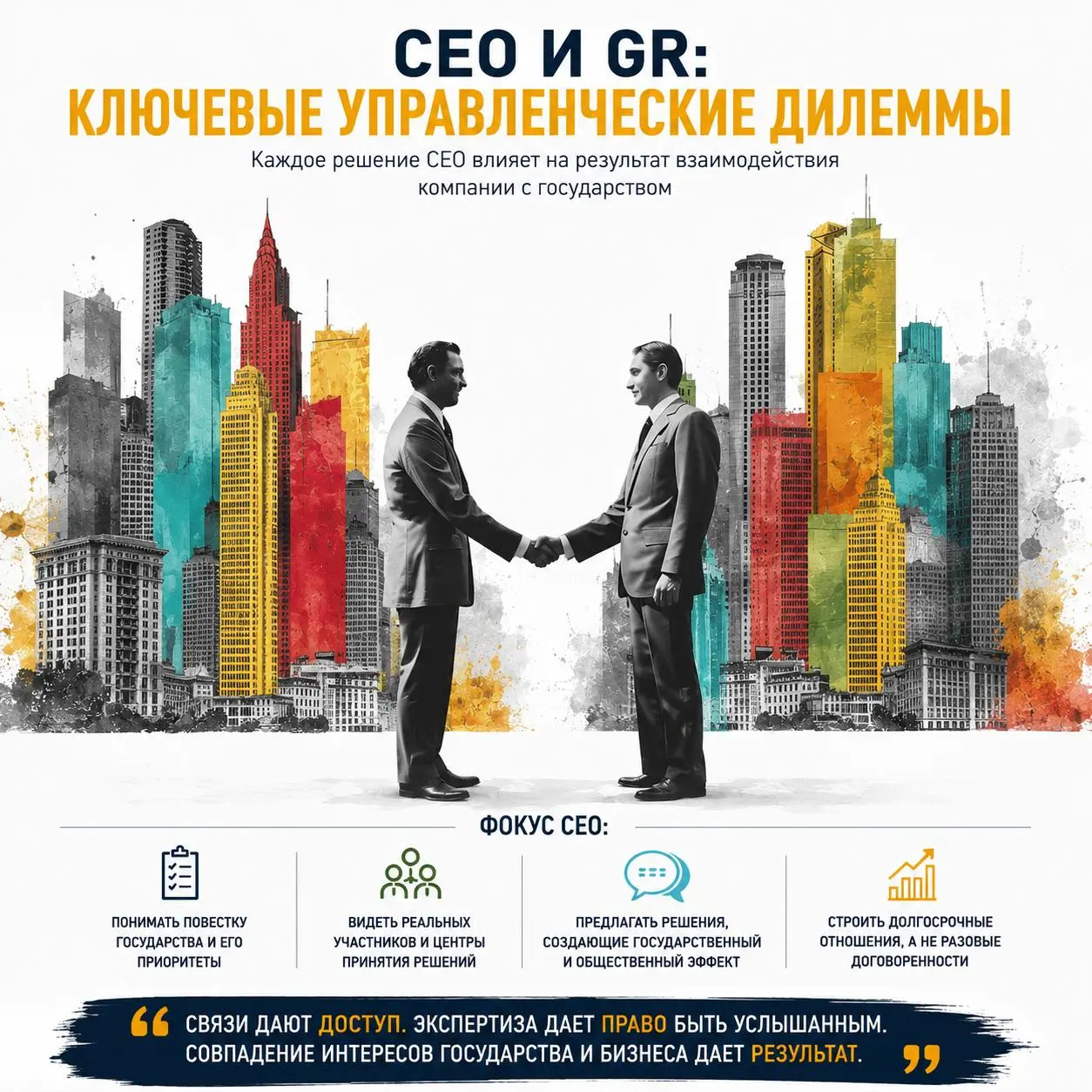 CEO И GR: КЛЮЧЕВЫЕ УПРАВЛЕНЧЕСКИЕ ДИЛЕММЫ
Во многих IT-компаниях первый GR-директор — это сам CEO | Сетка — социальная сеть от hh.ru