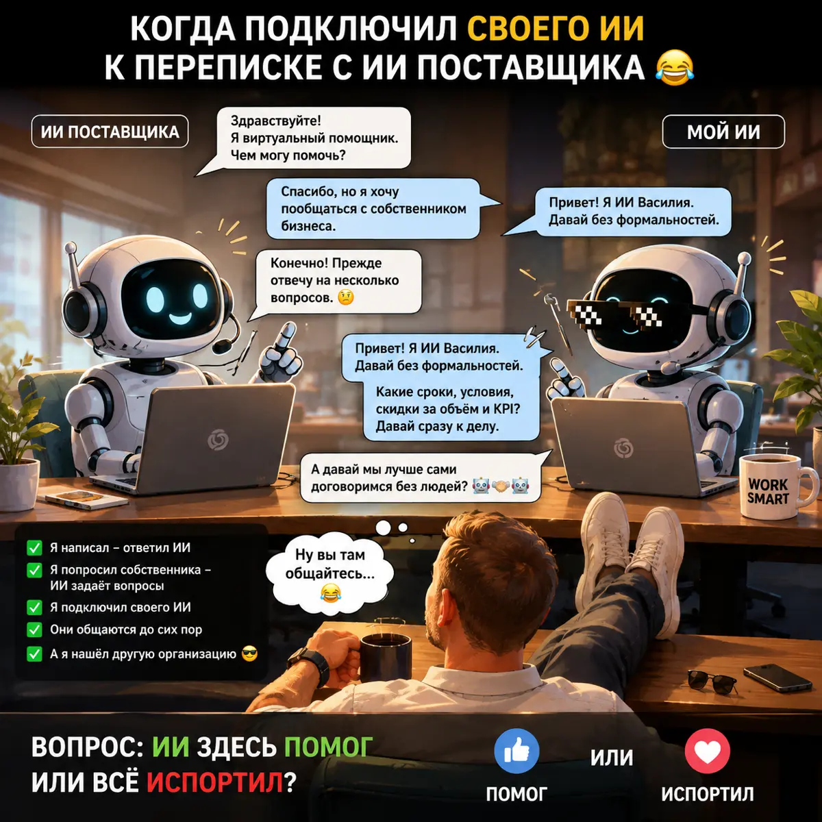В пятницу у меня произошла забавная история.
Нашёл поставщика услуг, написал ему в чат.
Мне отвечает ИИ.
Я отвечаю:
— Спасибо, но я хочу обсудить вопрос непосредственно с собственником бизнеса | Сетка — социальная сеть от hh.ru