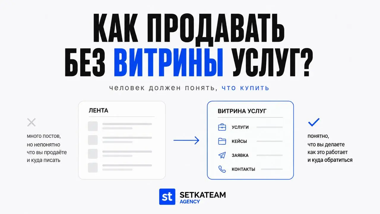 Лента постов не заменяет витрину услуг в Telegram
🗣 У многих Telegram-канал устроен как склад публикаций | Сетка — социальная сеть от hh.ru
