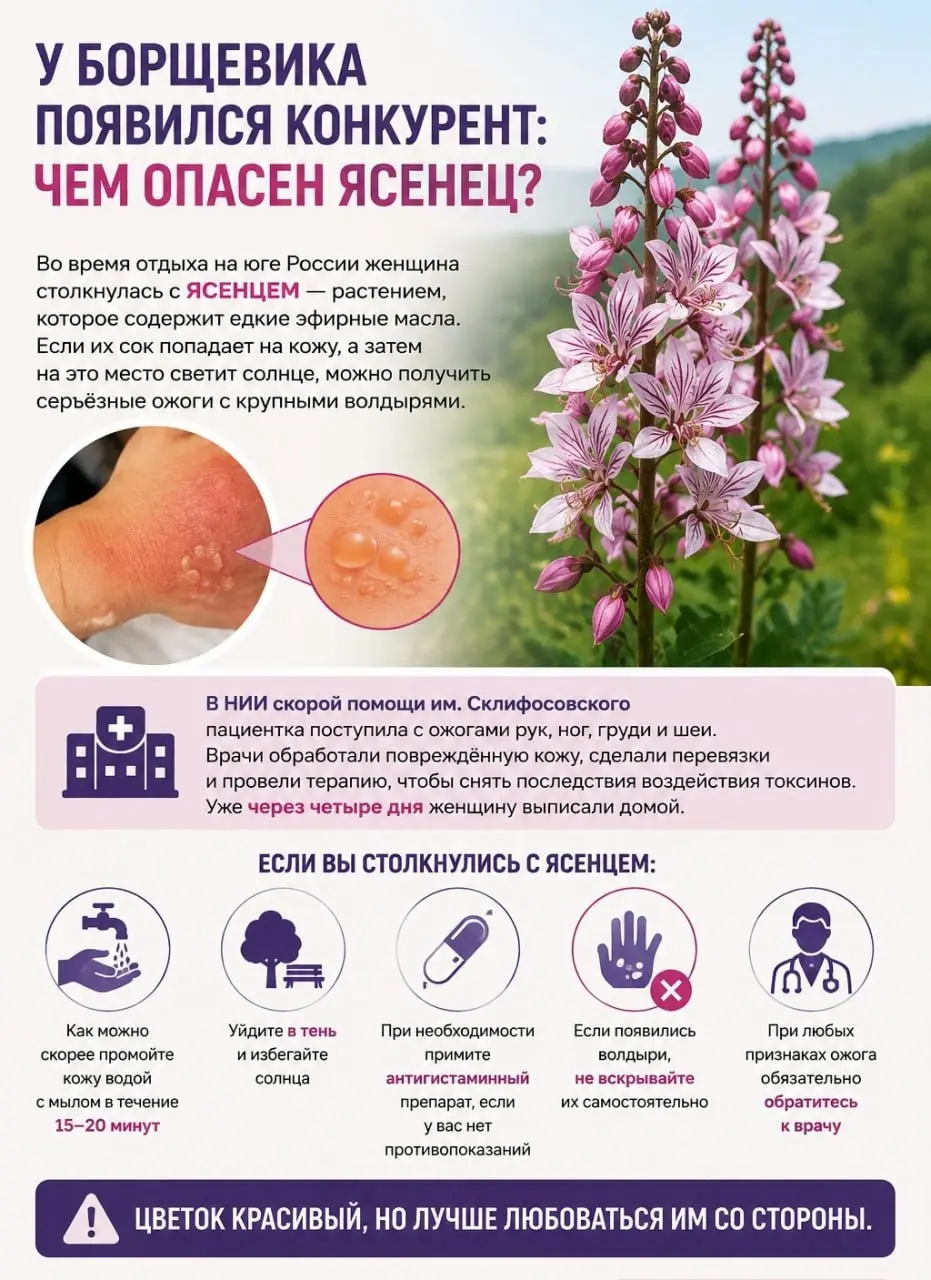 🌺 У борщевика появился конкурент: чем опасен ясенец?
Во время отдыха на юге России женщина столкнулась с ясенцом - растением, содержащим едкие эфирные масла | Сетка — социальная сеть от hh.ru