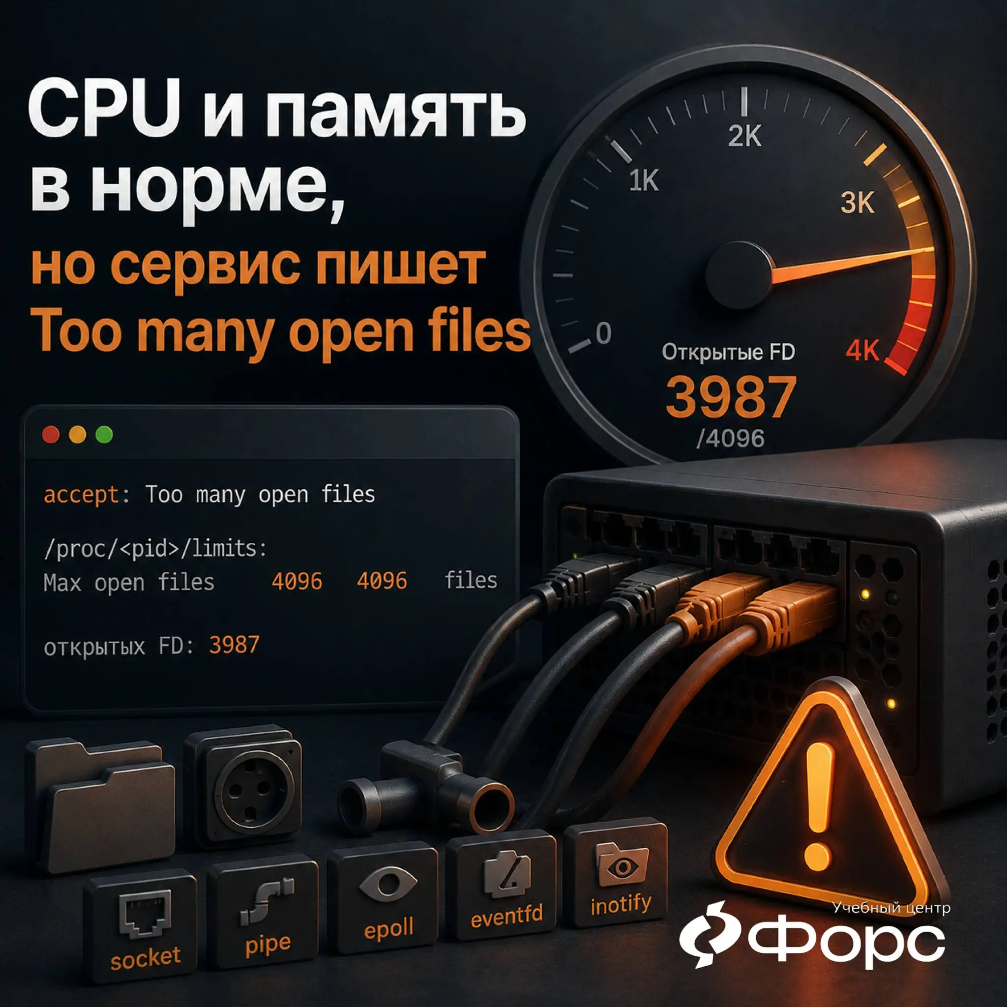 🛠️ CPU и память в норме, но сервис пишет Too many open files
Артефакт:
accept: Too many open files
/proc//limits:
Max open files 4096 4096 files
открытых FD: 3987
Причина может быть в RLIMITNOFILE — л... | Сетка — социальная сеть от hh.ru