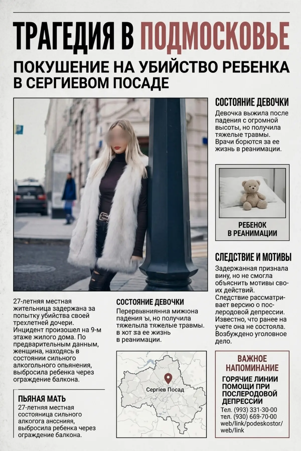 Пьяная мамашка выбросила 3-летнюю дочку с 9-го этажа в Подмосковье.
В Сергиевом Посаде 27-летняя женщина схватила ребёнка и выбросила через ограждение балкона | Сетка — социальная сеть от hh.ru