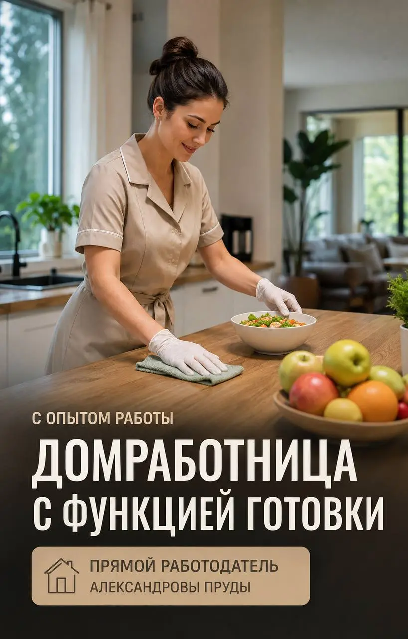 ДОМРАБОТНИЦА С ФУНКЦИЕЙ ГОТОВКИ
От 110 000₽
Прямой работодатель
• Александровы пруды
• Клининг и бытовые услуги
• +79186575771
Полное описание вакансии размещено в Телеграм и Макс | Сетка — социальная сеть от hh.ru