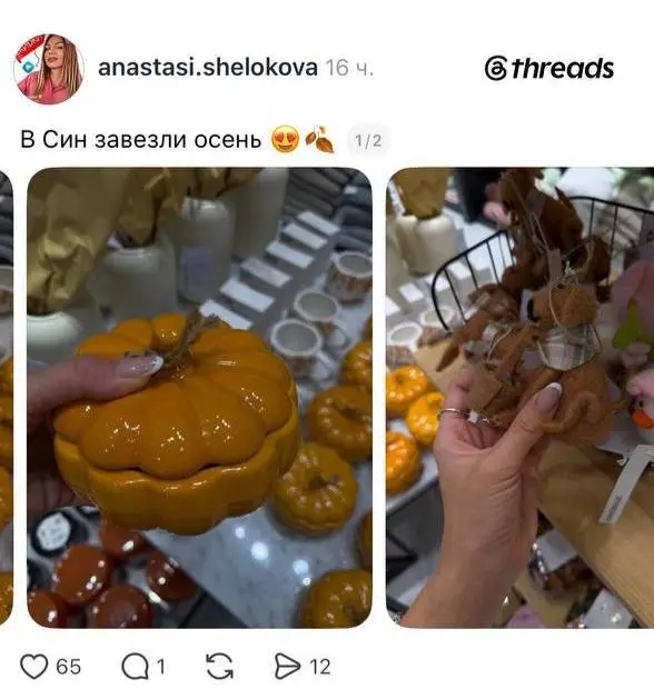 Соцсети в восторге от тыквенной коллекции товаров в СИН. Там появились горшочки в виде тыкв, свечи с ароматом тыквенного пирога, яблок с корицей и урожая, игрушки и букеты с максимально осенним вайбом | Сетка — социальная сеть от hh.ru