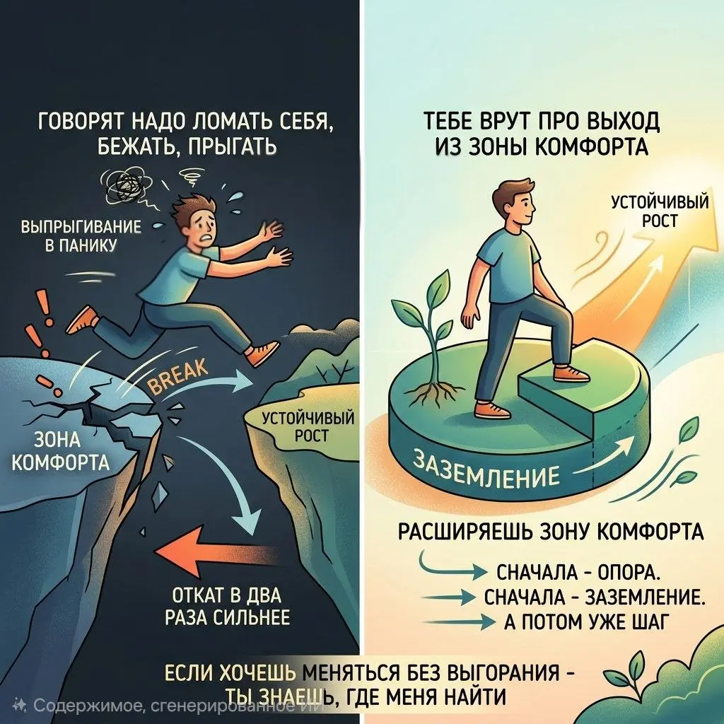 Тебе врут про выход из зоны комфорта. Говорят: ломай себя, беги, прыгай. Но правда в том, что устойчивый рост — это когда ты расширяешь зону комфорта, а не выпрыгиваешь из неё в панику | Сетка — социальная сеть от hh.ru