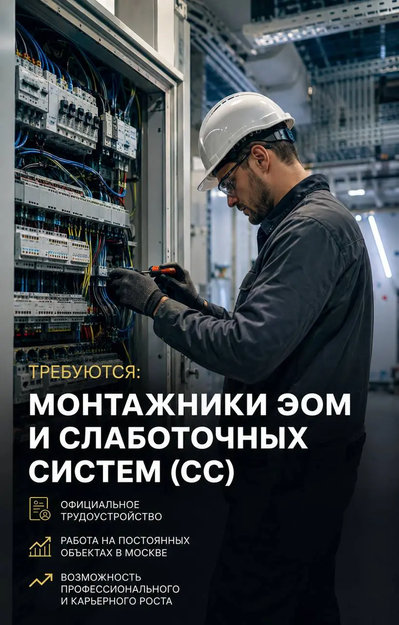 1️⃣МОНТАЖНИК ЭОМ,
2️⃣МОНТАЖНИК СЛАБОТОЧНЫХ СИСТЕМ
120 000₽ - 150 000₽
ООО «Амулет-Юг»
• Москва
• Строительство
• +79896333131
Полное описание вакансии размещено в Телеграм и Макс | Сетка — социальная сеть от hh.ru