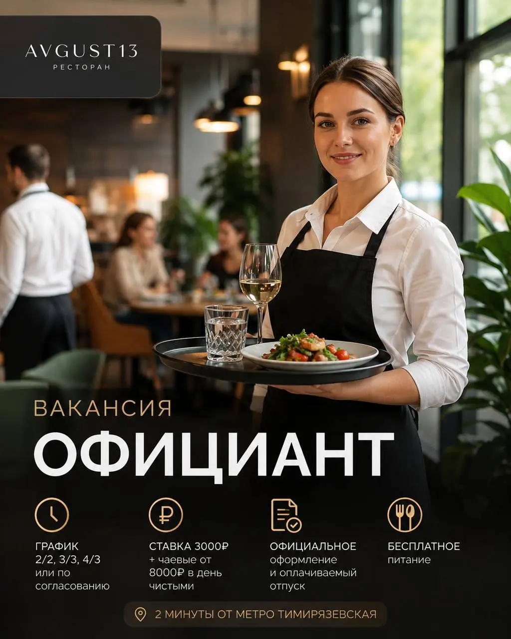 ОФИЦИАНТ
От 3 000₽/смена + чаевые от 8000₽ в день
AVGUST13
• Москва, м. Тимирязевская
• Рестораны/Кафе
• 8-967-121-38-83
Полное описание вакансии размещено в Телеграм и Макс | Сетка — социальная сеть от hh.ru