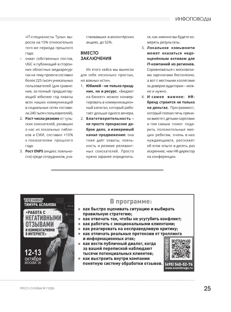 А вот и свежий номер "Пресс Службы" с моей статьей про наш, пожалуй, самый душевный проект в EvApps - Десять добрых дел к юбилею компании ❤️
Благотворительность в моей жизни связана с одним человеком,... | Сетка — социальная сеть от hh.ru