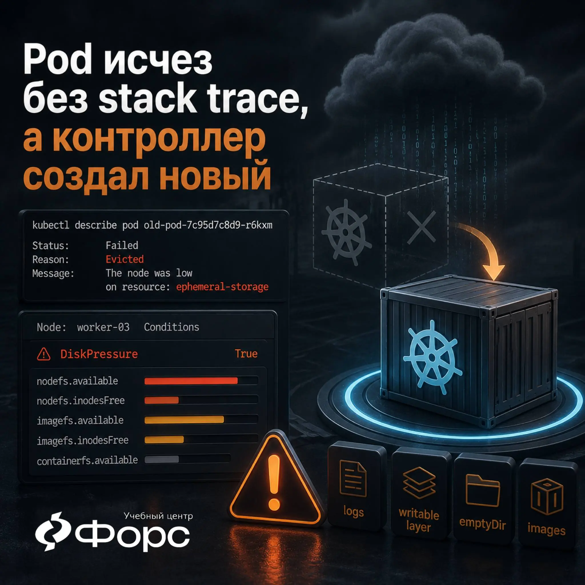 🛠️ Pod исчез без stack trace, а контроллер создал новый
В describe старого Pod:
Status: Failed
Reason: Evicted
Message: The node was low on resource: ephemeral-storage
Это не обычный restart контейнер... | Сетка — социальная сеть от hh.ru