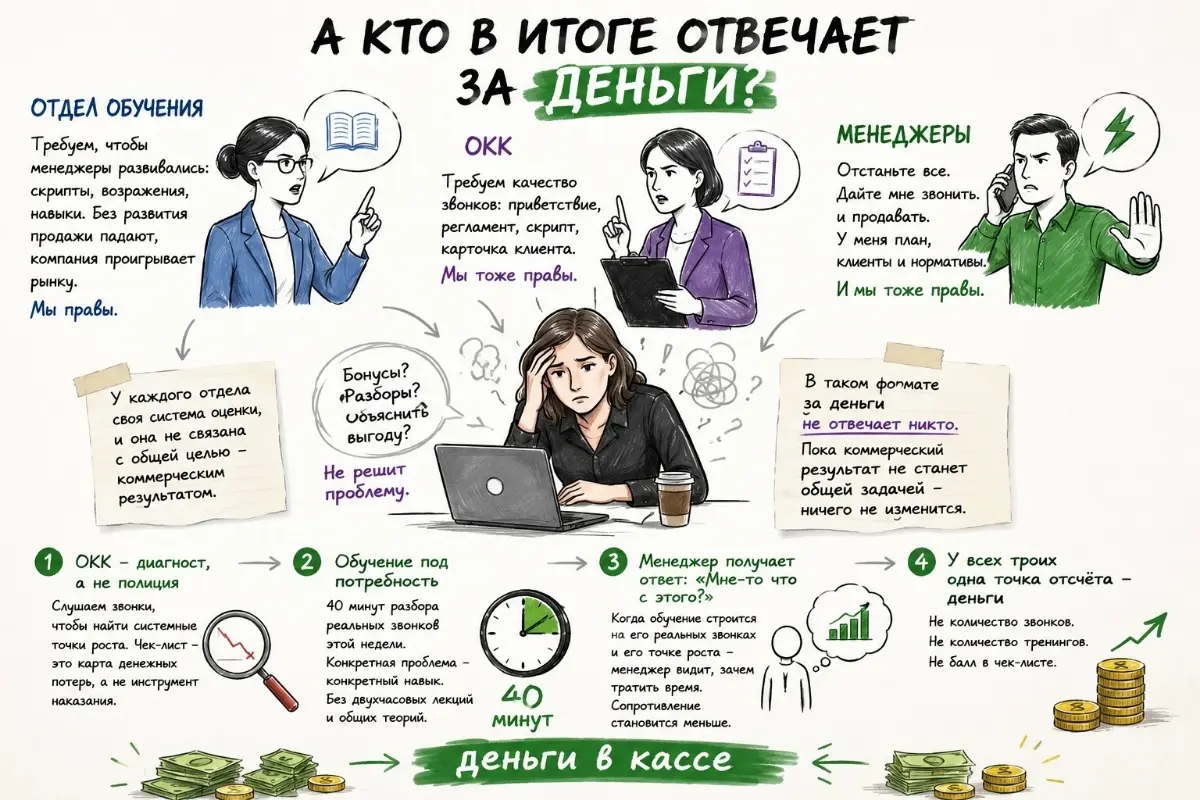 Так кто в итоге отвечает за деньги?
Отдел обучения требует, чтобы менеджеры развивались: учили скрипты, отрабатывали возражения, прокачивали навыки | Сетка — социальная сеть от hh.ru