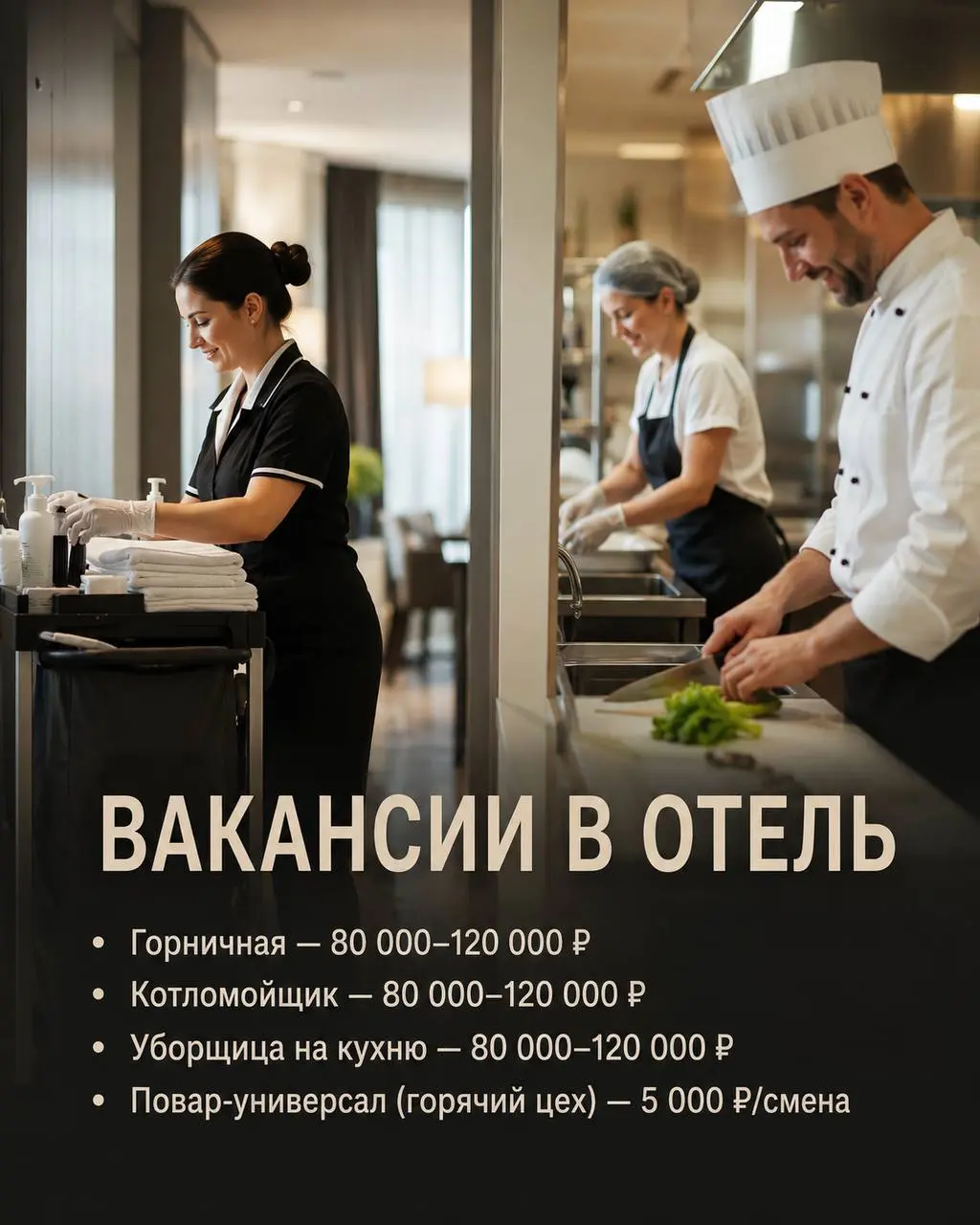 1️⃣ГОРНИЧНАЯ,
2️⃣КОТЛОМОЙЩИК,
3️⃣УБОРЩИЦА НА КУХНЮ,
4️⃣ПОВАР-УНИВЕРСАЛ (ГОРЯЧИЙ ЦЕХ)
От 5 000₽/смена
Отель
• Одинцовский район
• Гостиничный бизнес
• +79854885959
Полное описание вакансии размещено в ... | Сетка — социальная сеть от hh.ru