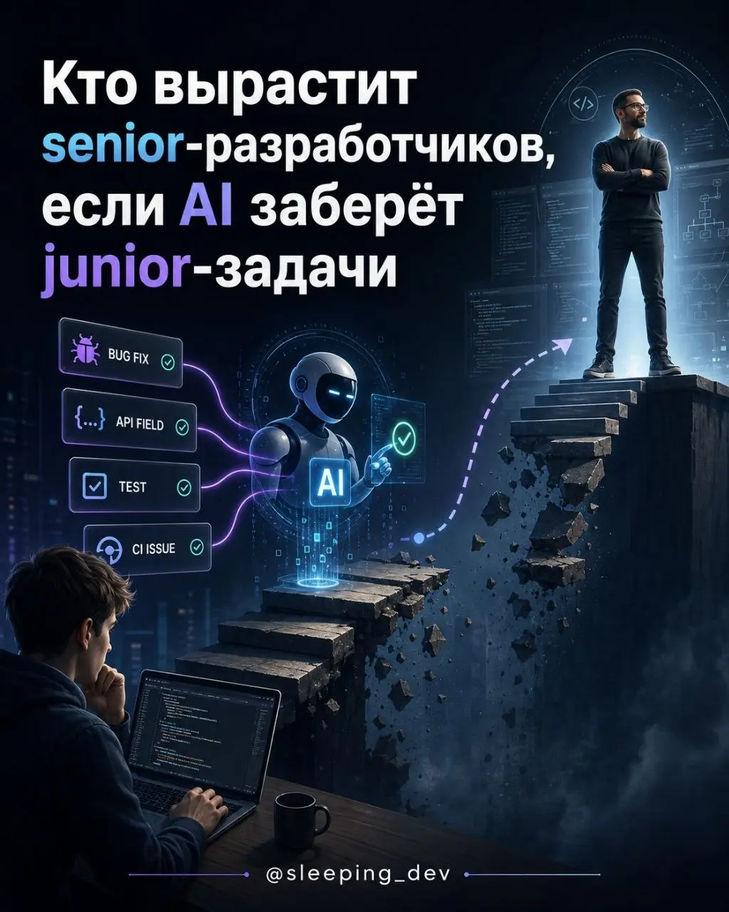 Кто вырастит senior-разработчиков, если AI заберёт junior-задачи
Раньше путь junior-разработчика выглядел довольно предсказуемо.
Поправить небольшой баг.
Добавить поле в API.
Написать простой тест | Сетка — социальная сеть от hh.ru