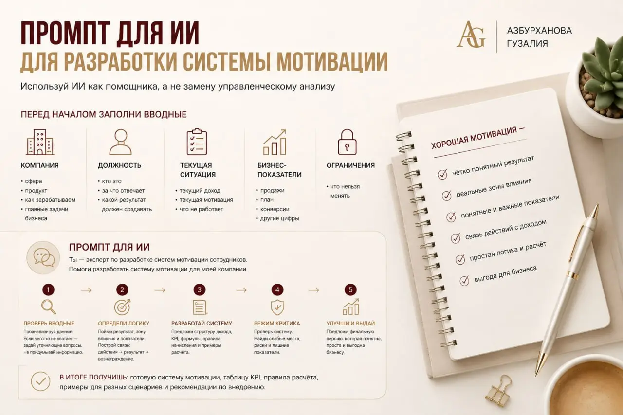 Промпт для разработки системы мотивации с помощью ИИ
Сохрани этот промпт, если хочешь использовать ИИ как помощника при разработке мотивации | Сетка — социальная сеть от hh.ru