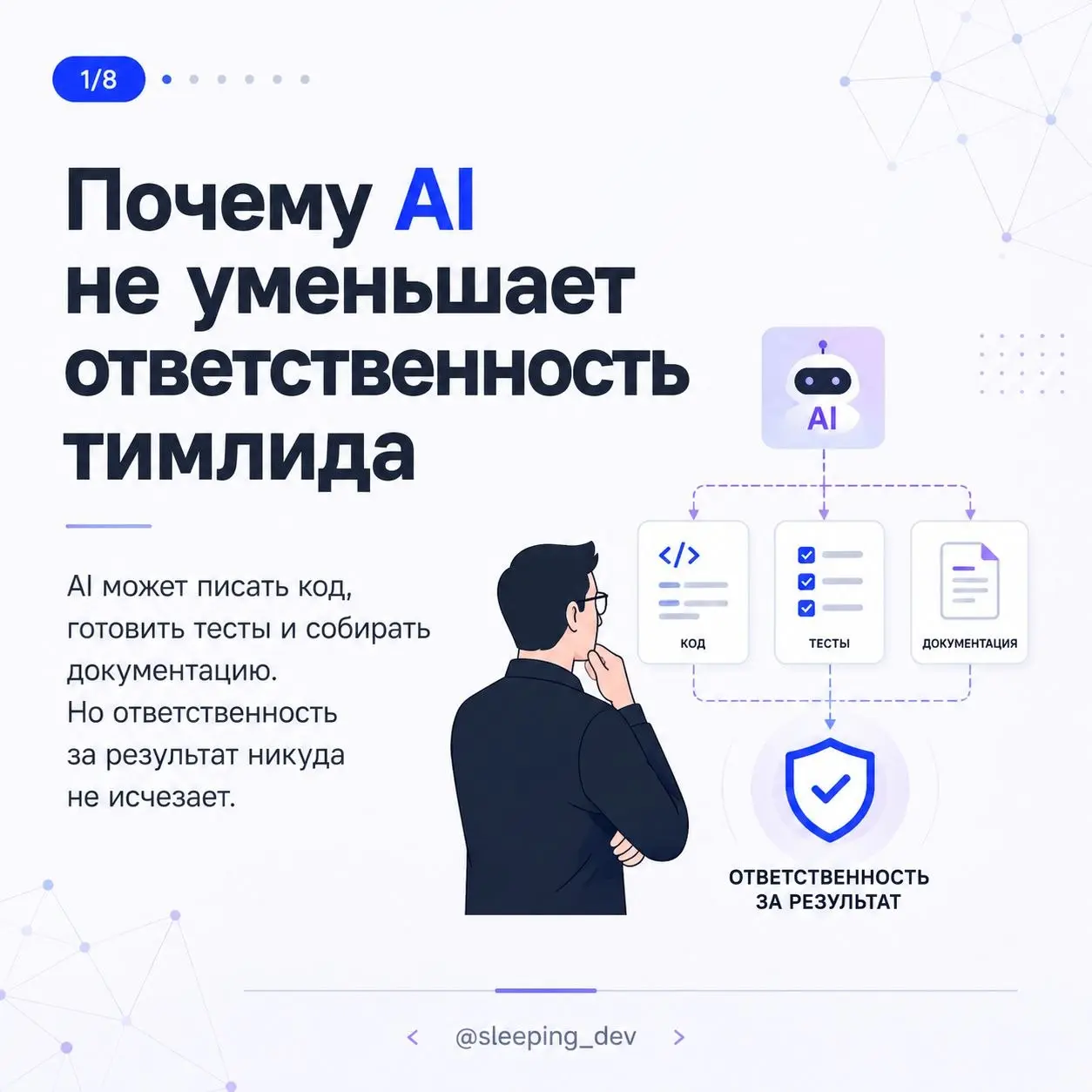 Почему AI не уменьшает ответственность тимлида
AI может написать код, подготовить тесты, собрать документацию, найти подозрительное место в PR и предложить решение | Сетка — социальная сеть от hh.ru
