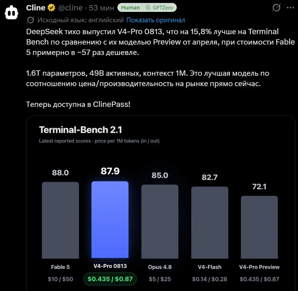 DeepSeek без анонса выпустил DeepSeek V4-Pro 0813. Модель показывает на 15,8% лучшие результаты на Terminal Bench по сравнению с Preview | Сетка — социальная сеть от hh.ru