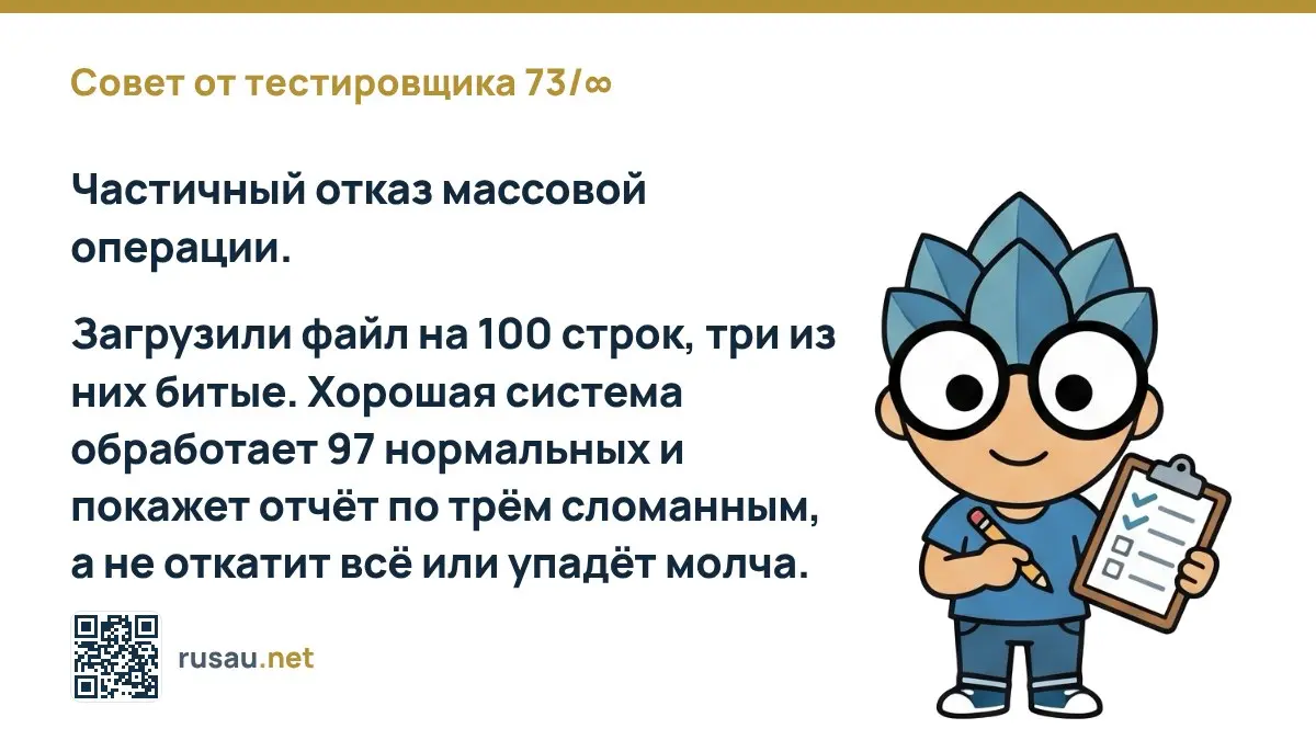 Совет от тестировщика 73/∞ : Частичный отказ массовой операции.
Загрузили файл на 100 строк, три из них битые | Сетка — социальная сеть от hh.ru