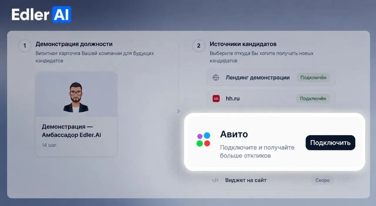 Интеграция с Авито Работа уже в EdlerAI! 🚀
Теперь можно подключить Авито и работать с кандидатами прямо в EdlerAI.
Чтобы подключить интеграцию:
1 | Сетка — социальная сеть от hh.ru