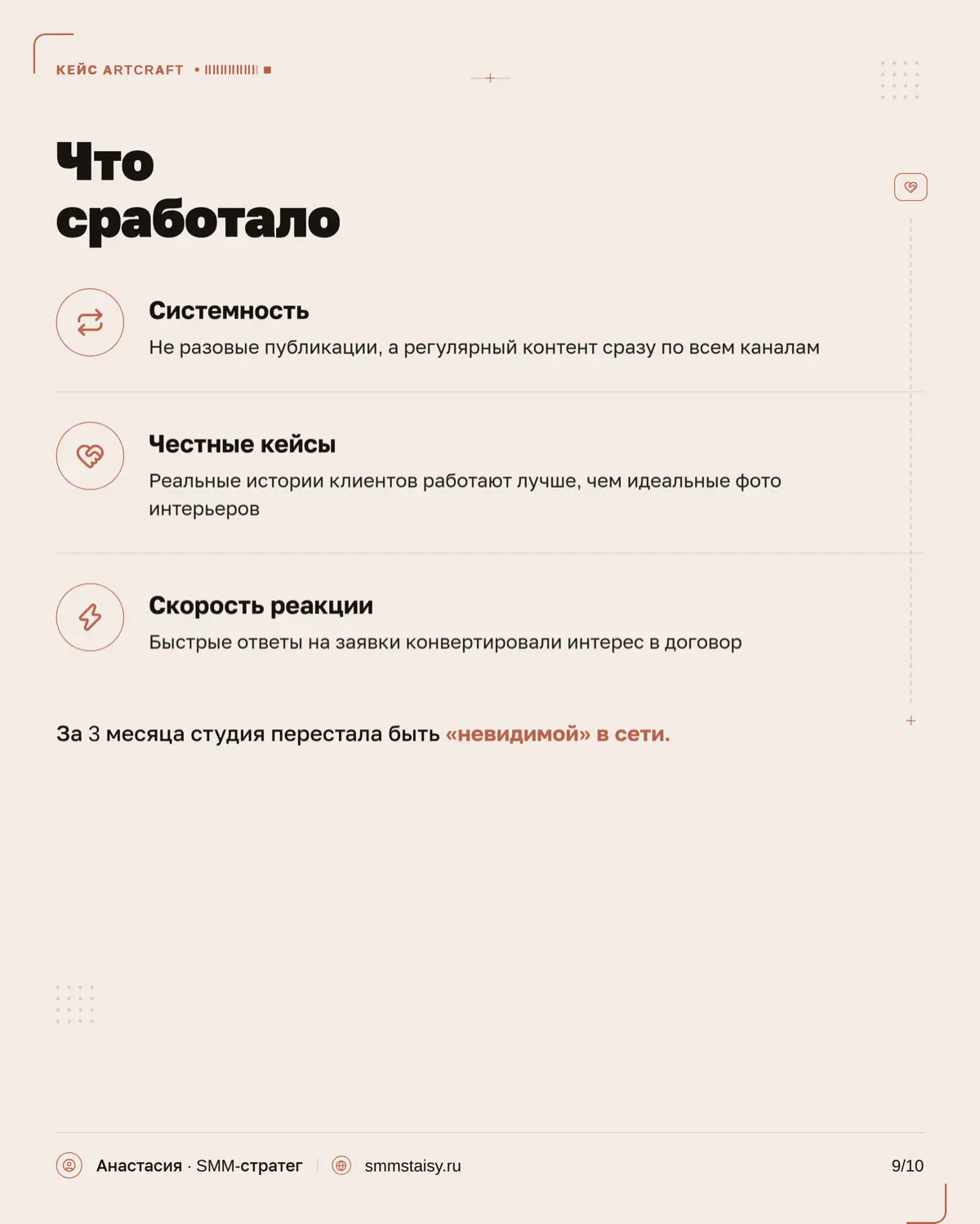 В дизайне мало просто показать красивые проекты — важно донести подход студии, ее стиль, ценность работы и сформировать ощущение: «я хочу работать именно с ними»
В карусели показываю, какие SMM-резуль... | Сетка — социальная сеть от hh.ru