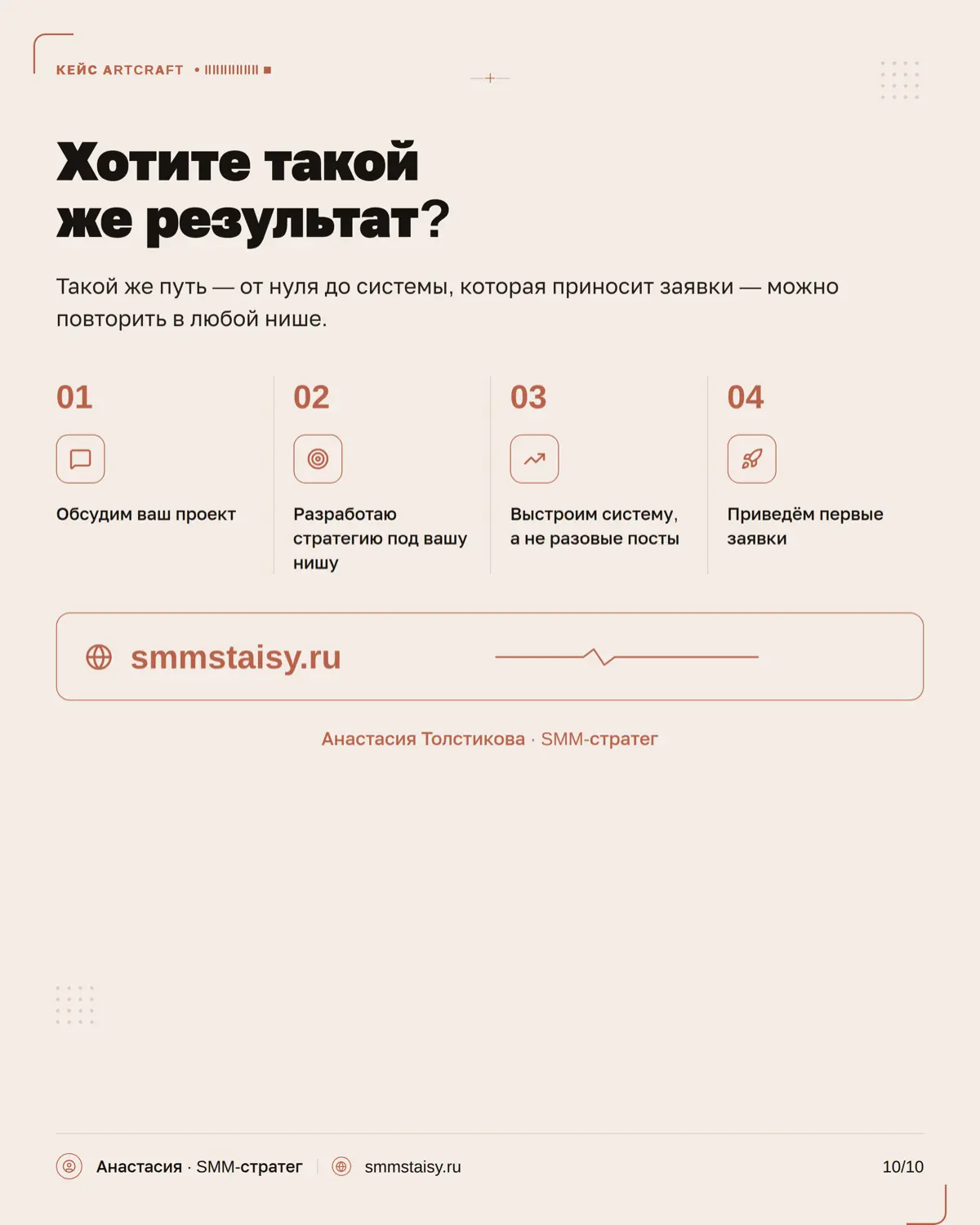 В дизайне мало просто показать красивые проекты — важно донести подход студии, ее стиль, ценность работы и сформировать ощущение: «я хочу работать именно с ними»
В карусели показываю, какие SMM-резуль... | Сетка — социальная сеть от hh.ru