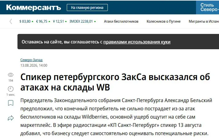 Спикер петербургского ЗакСа высказался об атаках на склады WB
Продавцы Wildberries должны были предусмотреть риск атаки БПЛА, заявил спикер Заксобрания Петербурга Александр Бельский | Сетка — социальная сеть от hh.ru