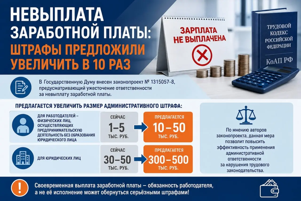 📱 Невыплата заработной платы: штрафы предложили увеличить в 10 раз
Соответствующий законопроект № 1315057-8 размещён в СОЗД Государственной Думы.
Им предлагают внести поправки в статью 5 | Сетка — социальная сеть от hh.ru