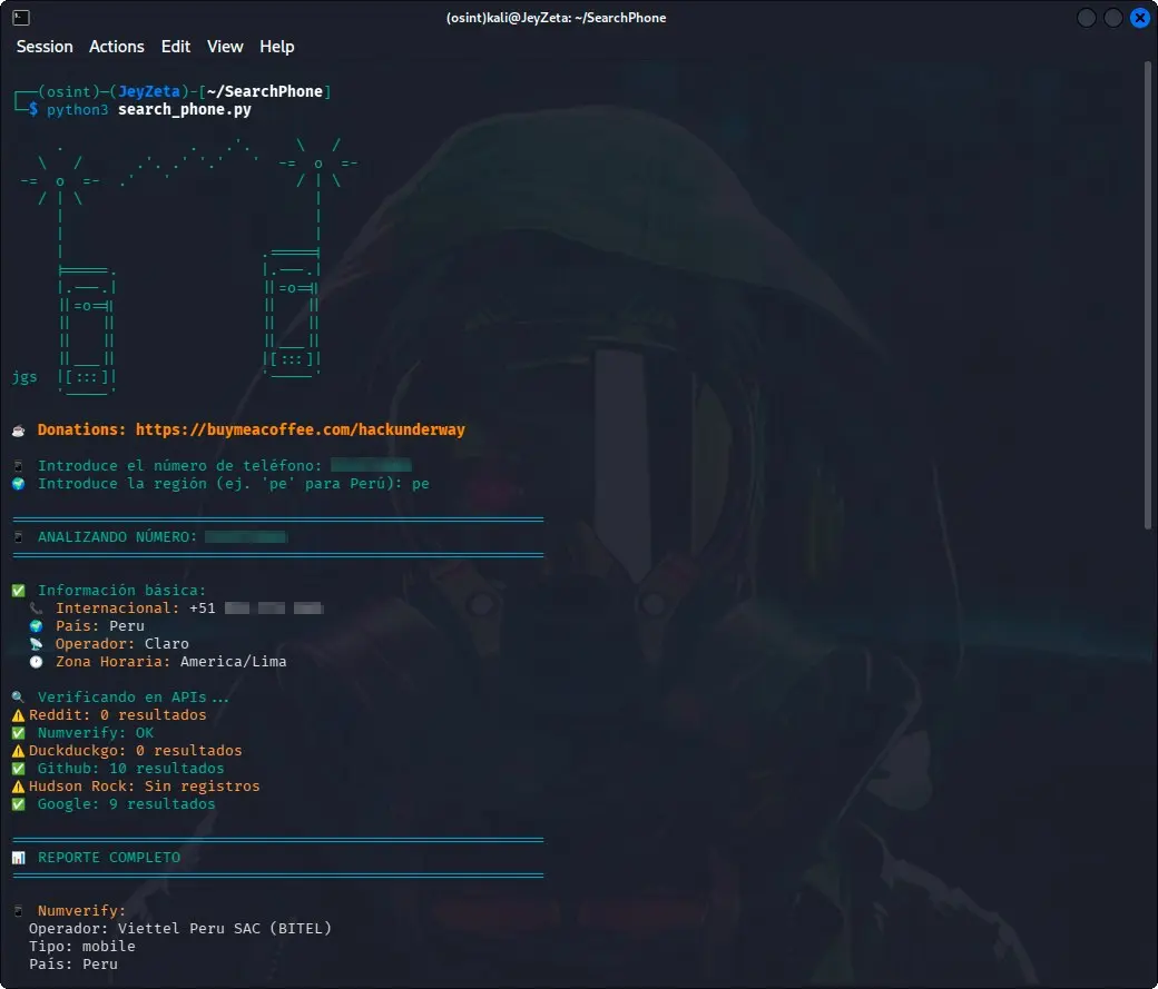 SearchPhone
Это инструмент OSINT для поиска информации, связанной с телефонными номерами, с использованием нескольких API | Сетка — социальная сеть от hh.ru