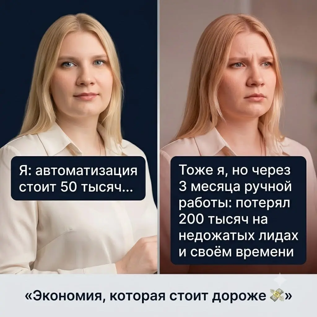 💸 Экономия, которая стоит дороже
Знакомо?

Автоматизация? Дорого...
Бот? 50 тысяч? Это же целая зарплата...
Я сам всё сделаю, не сложно.. | Сетка — социальная сеть от hh.ru