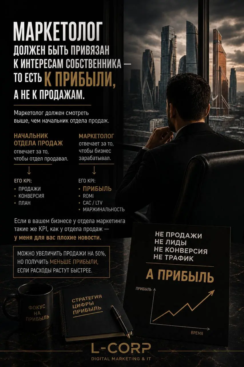 Маркетолог должен быть привязан к интересам собственника.
А интерес собственника — не продажи. Не лиды. Не количество заявок. И даже не выручка.
Главное — прибыль | Сетка — социальная сеть от hh.ru