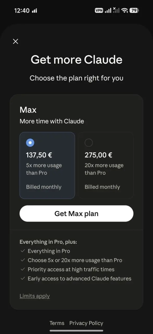 Решил тут снова взять себе у Клодика Max тариф и что-то прифигел. 137 евро? 😳 Плюс налог и все 150. Нормально так ценник взлетел.
Тот же ChatGPT разрешил продлить Плюс на Про за 73. | Сетка — социальная сеть от hh.ru