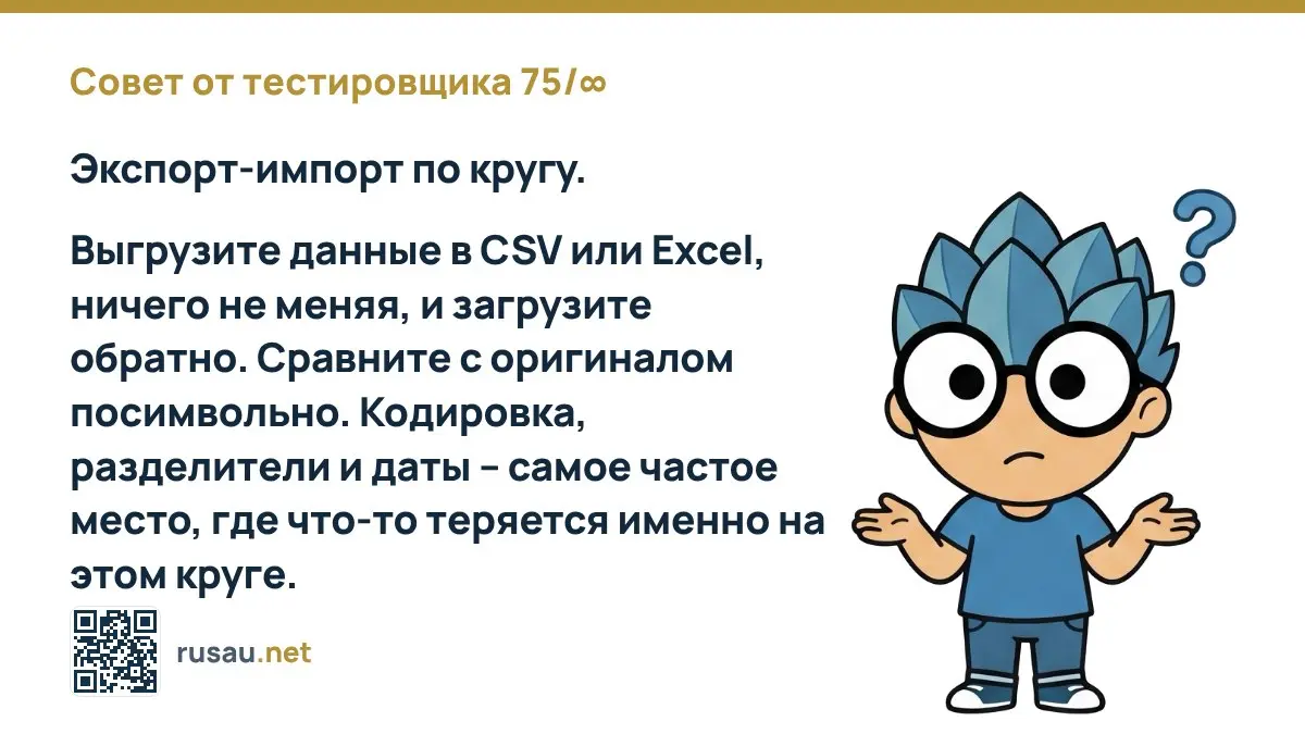 Совет от тестировщика 75/∞ : Экспорт-импорт по кругу.
Выгрузите данные в CSV или Excel, ничего не меняя, и загрузите обратно. Сравните с оригиналом посимвольно | Сетка — социальная сеть от hh.ru