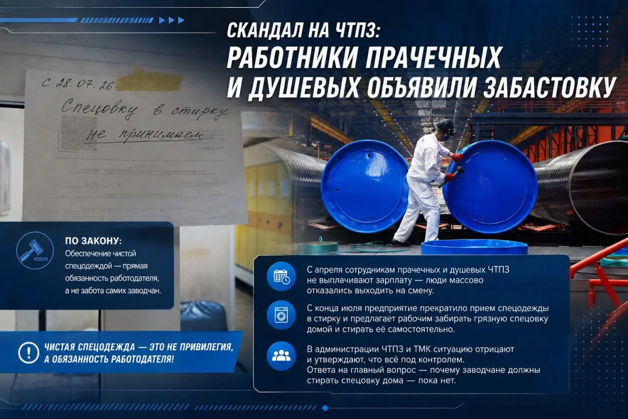 На Челябинском трубопрокатном заводе (ЧТПЗ) разгорается скандал: сотрудники прачечных и душевых объявили забастовку
Обслуживающему персоналу завода с апреля перестали выплачивать зарплату, из-за чего ... | Сетка — социальная сеть от hh.ru